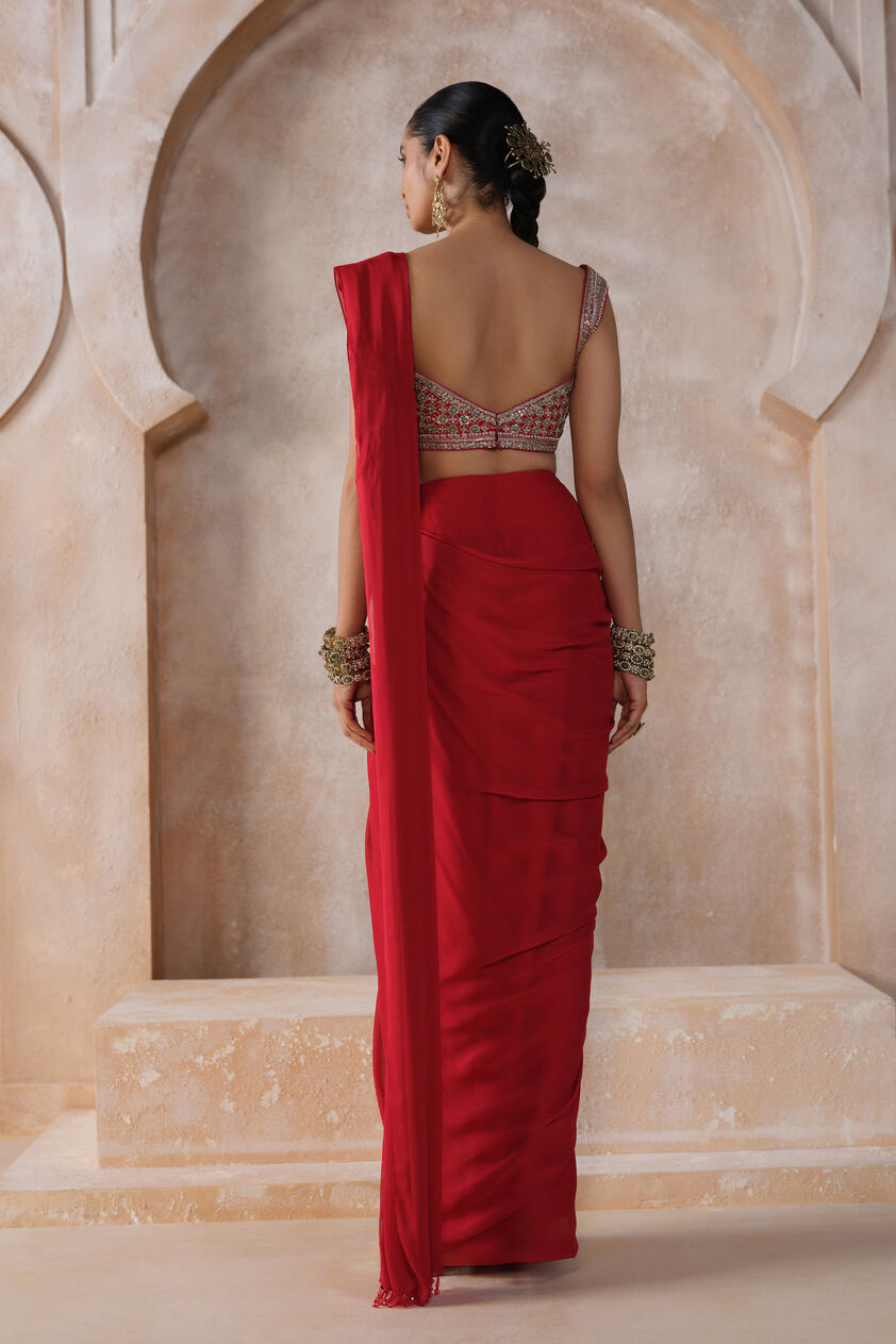 Yuthika Embroidered Cord Pre-draped Saree - Red, Red, image 2