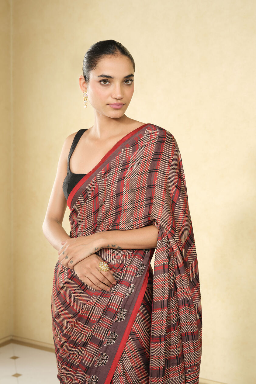 Baadiyah Ajrakh Hand-block Printed Saree - Brown, Brown, image 4