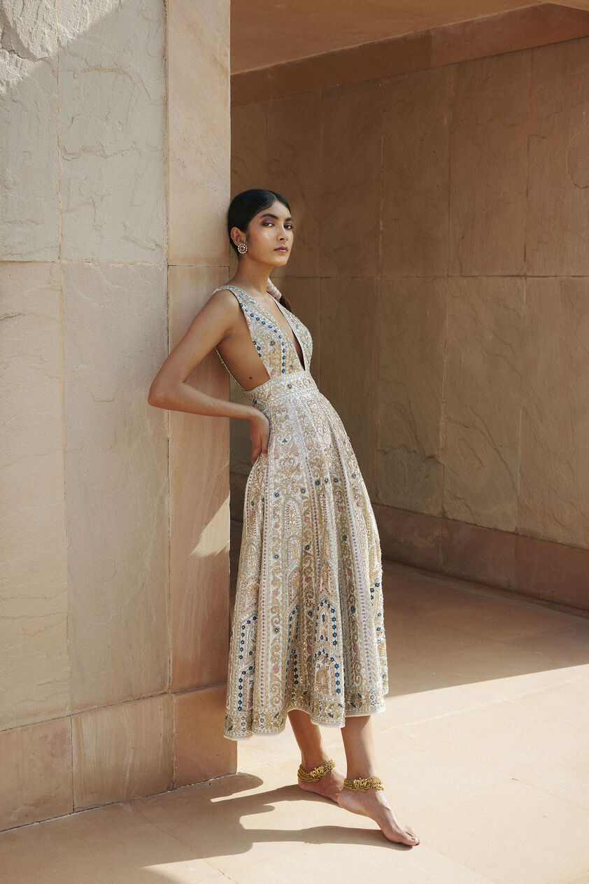 Mihika Zardozi & Gota Patti Silk Dress - Ivory, Ivory, image 2
