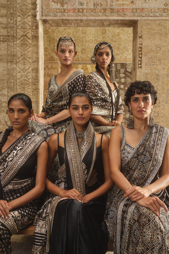 Koyyaro Ajrakh Hand-block Printed Silk Lehenga Set - Black, Black, image 6