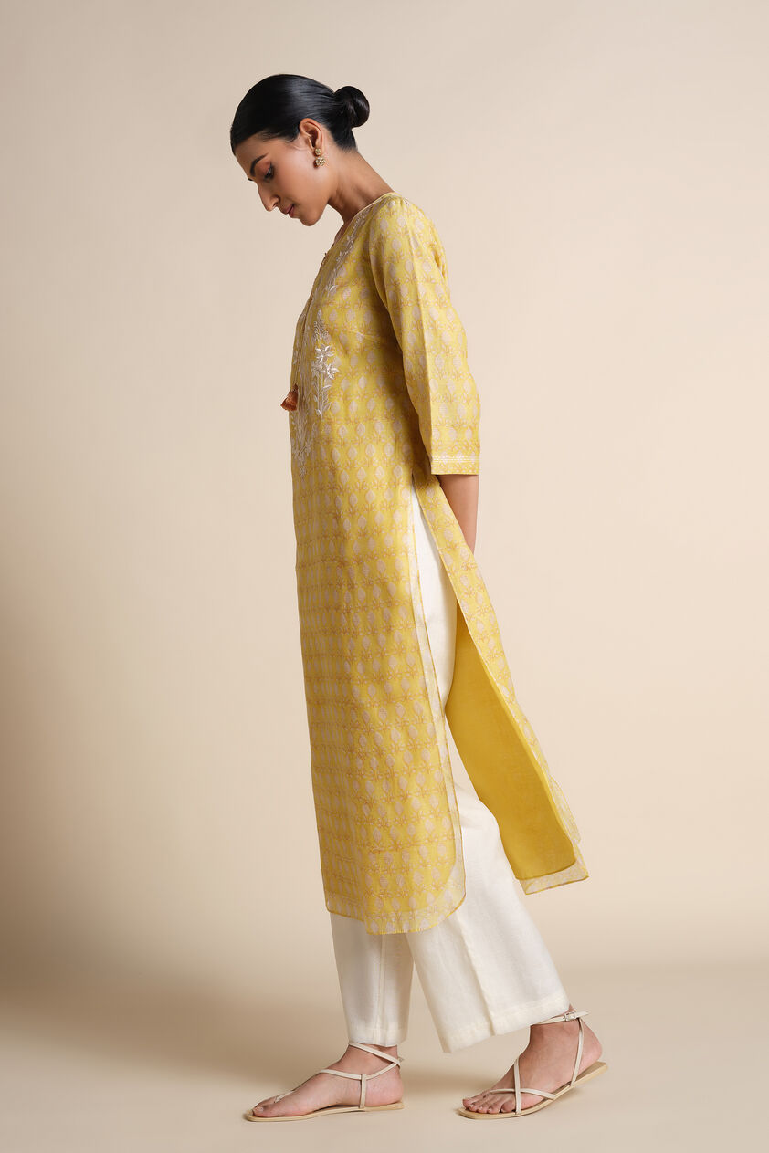 Ekara Embroidered Mul Kurta - Yellow, Yellow, image 2