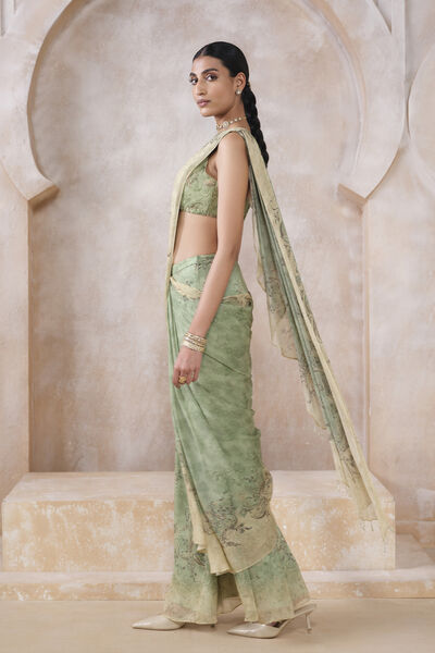 Lizbet Sequin Chiffon Pre-draped Saree - Green