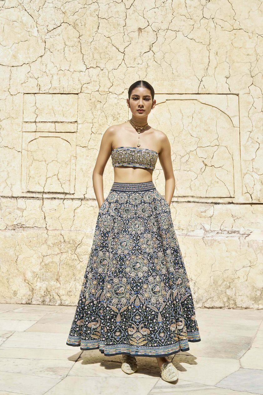 Forest Gleam Embroidered Zardozi Silk Skirt Set - Black, Black, image 1