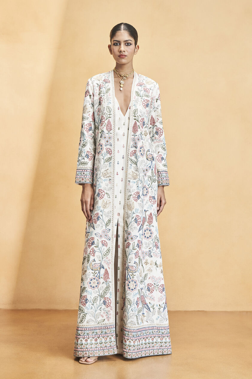 Paradise Of Flowers SEWA Hand-embroidered Silk Overlayer Set - Cream, Cream, image 1