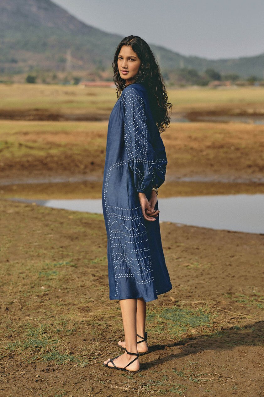 Windswept Handcrafted Bandhani Linen Dress - Indigo, Indigo, image 3