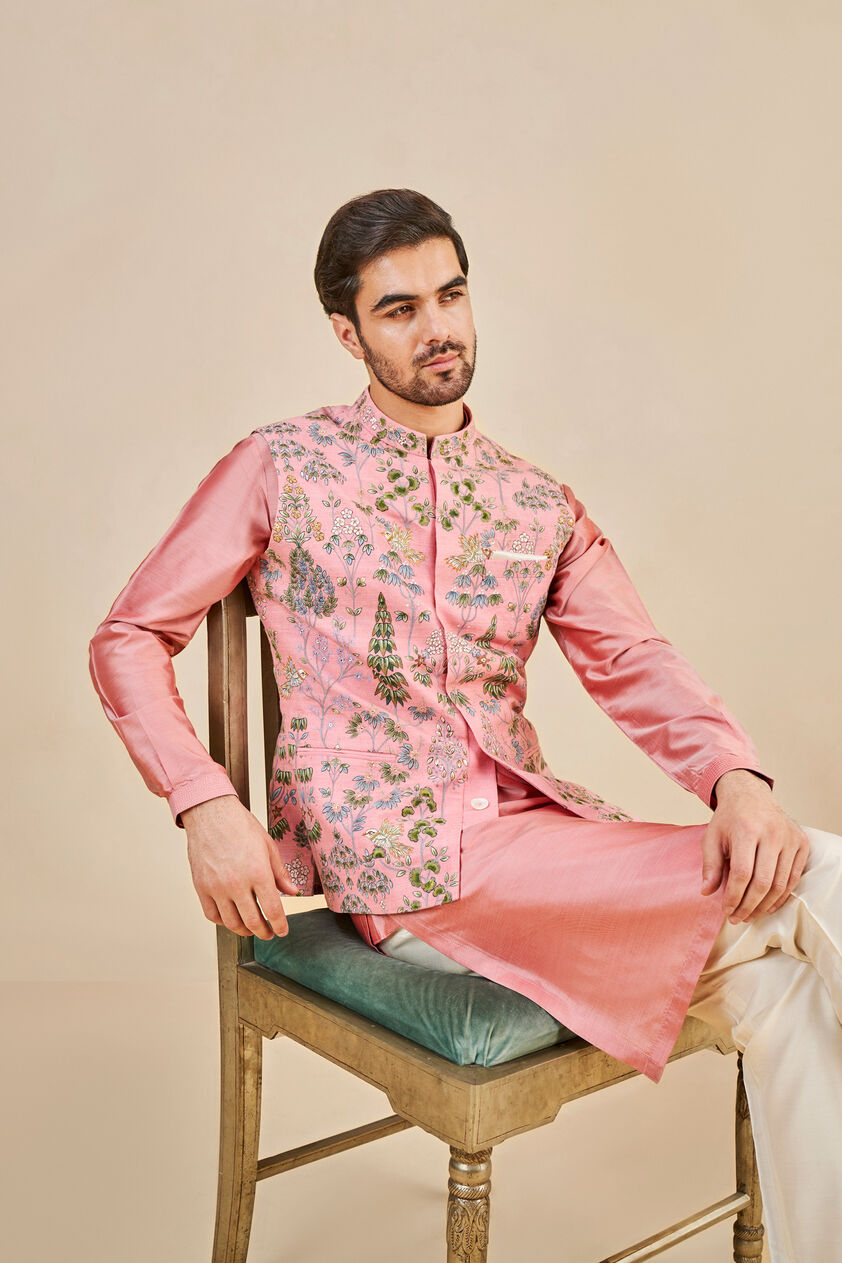 Nalesh Hand-painted Pichhwai Silk Nehru Jacket - Pink, Pink, image 4