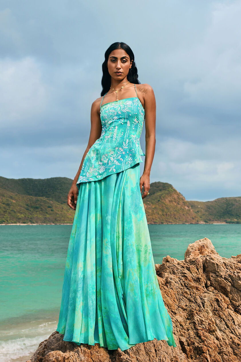 Cadenza Georgette Asymmetrical Skirt Set - Aqua, Aqua, image 1