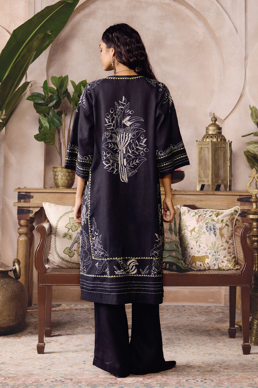 Beaumont Hand-embroidered Kantha Hemp Jacket Set - Black, Black, image 2