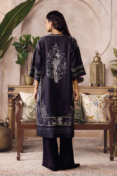 Beaumont Hand-embroidered Kantha Hemp Jacket Set - Black