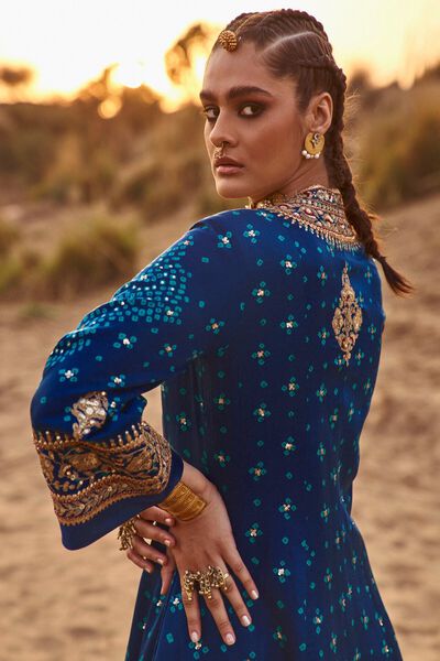 Agrata Bandhani Jacket Set - Navy