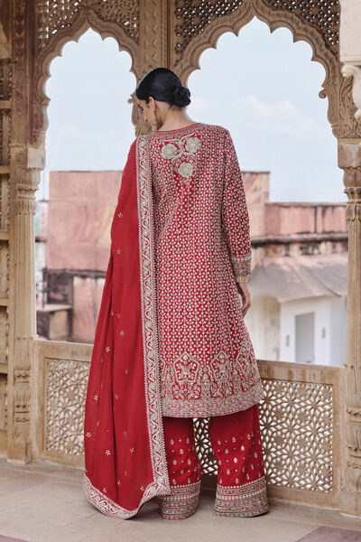 Mehkash Embroidered Cord Silk Suit Set - Red