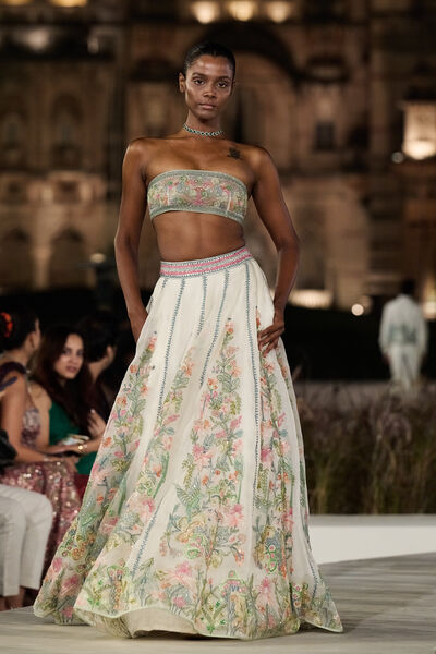 Shawnis Hand-embroidered SEWA Silk Skirt Set - Ivory