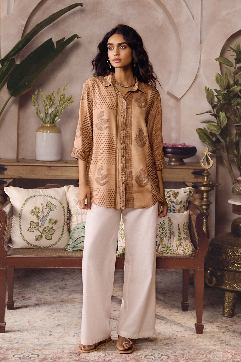 Laguna Hand-block Printed Mul Shirt -  Brown, Brown, image 1