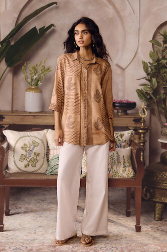 Laguna Hand-block Printed Mul Shirt -  Brown, Brown, image 1