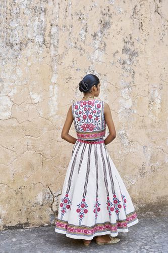 Flowers Of the Forest Embroidered Cord Silk Skirt Set - Cream, Cream, image 2