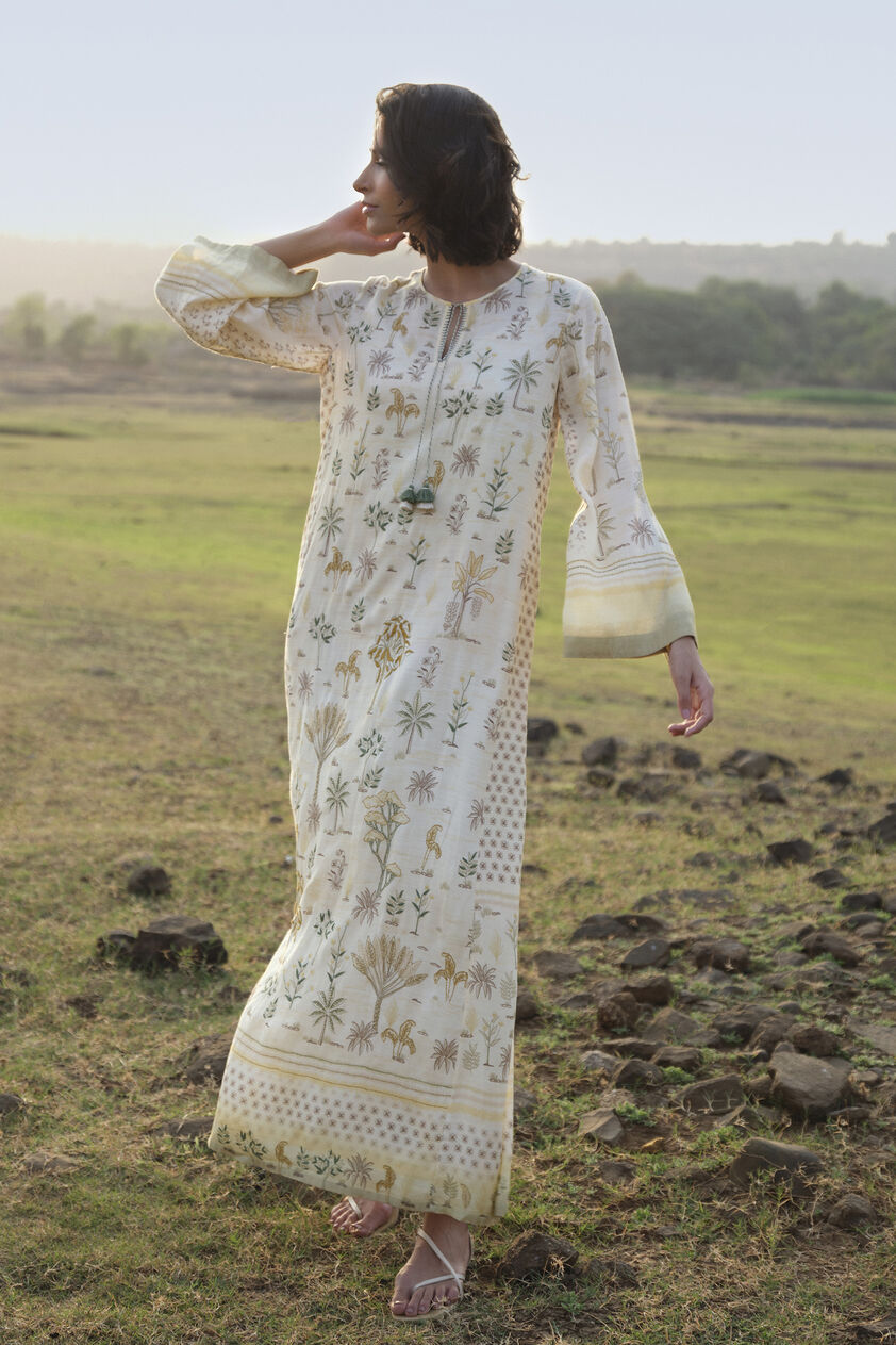 Season Song Hand-embroidered Kantha Kaftan - Yellow, Ivory, image 2