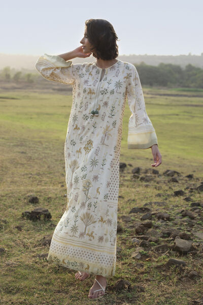 Season Song Hand-embroidered Kantha Kaftan - Yellow