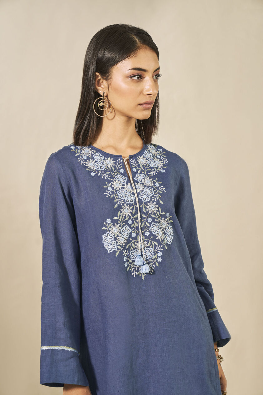Hyacinth Embroidered Linen Kaftan - Blue, Blue, image 3