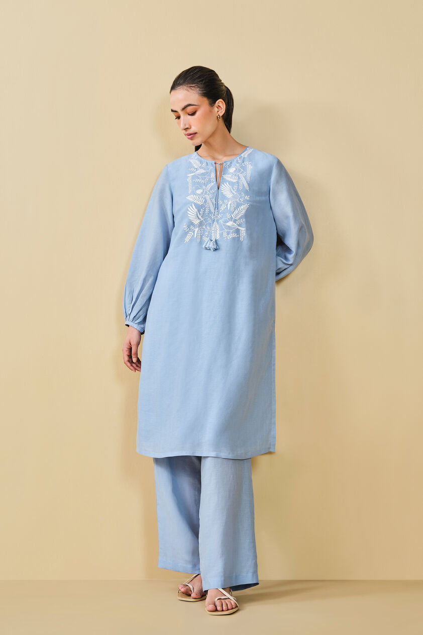 Cloud Sky Hand-embroidered Chikankari Linen Co-ord - Blue, Blue, image 6