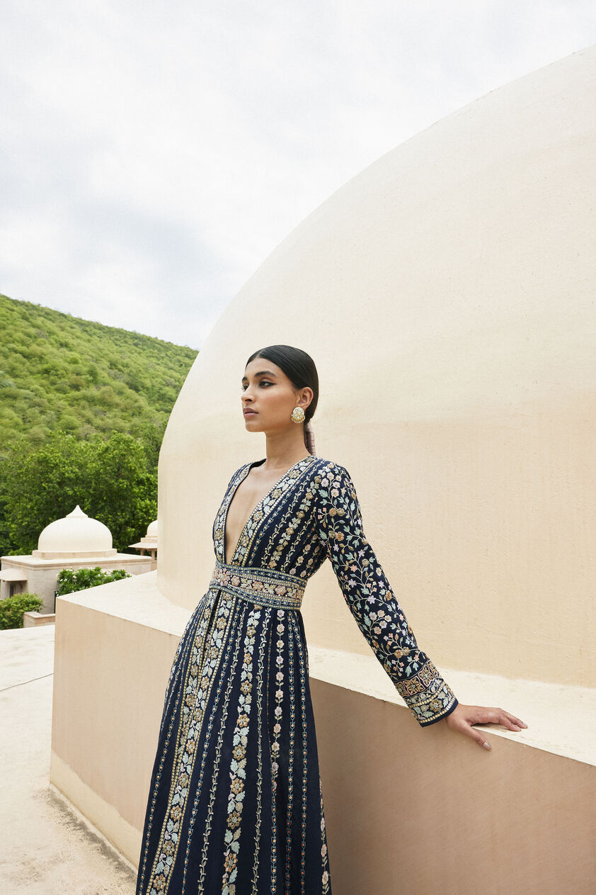 Akila Zardozi & Resham Silk Jacket Set - Navy Blue, Navy Blue, image 2