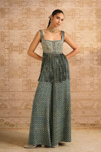 Isana Ajrakh Hand-block Printed Fringe Silk Palazzo Set - Blue, Blue, image 1