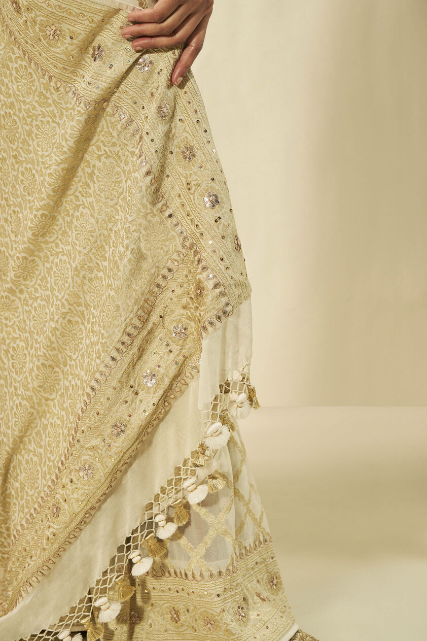 Manjari Benarasi Silk Gota Patti Saree - Cream, Cream, image 6