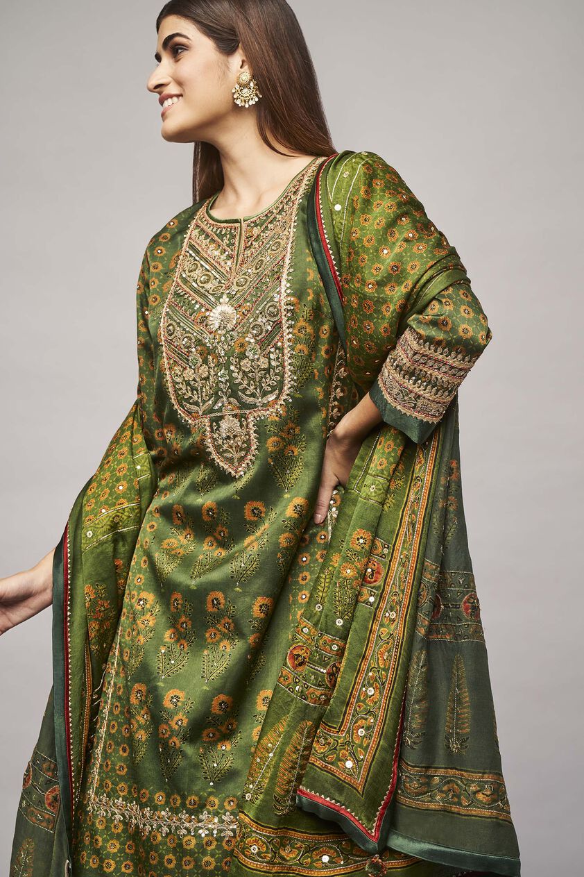 Tarita Ajrakh Sharara Set - Emerald green, Emerald Green, image 5