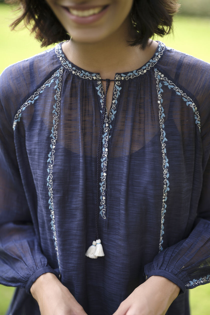 Folia Hand-embroidered Kantha Dress - Indigo, Indigo, image 3