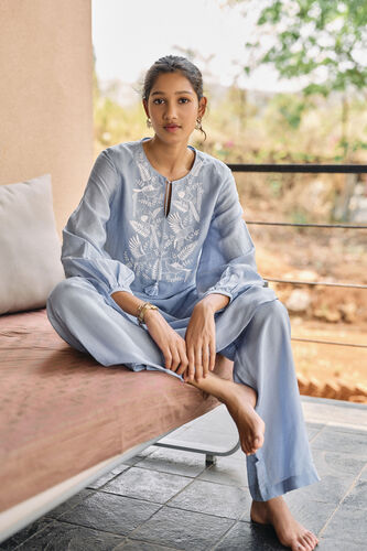 Cloud Sky Hand-embroidered Chikankari Linen Co-ord - Blue, Blue, image 2