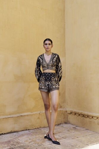 Into The Wilderness Embroidered Zardozi Silk Shorts Set - Black, Black, image 4