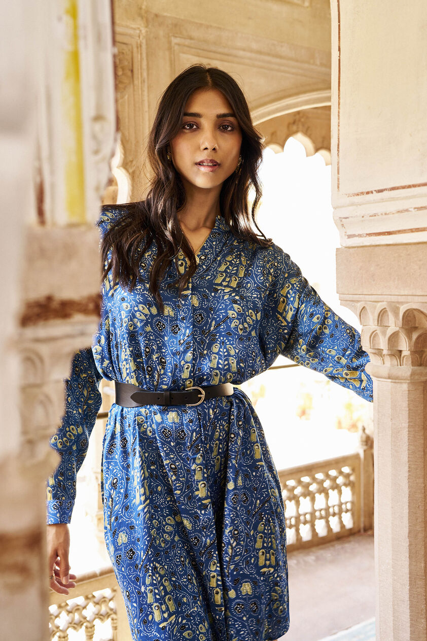 Backwater Ajrakh Hand-block Printed Dress - Blue, Blue, image 4