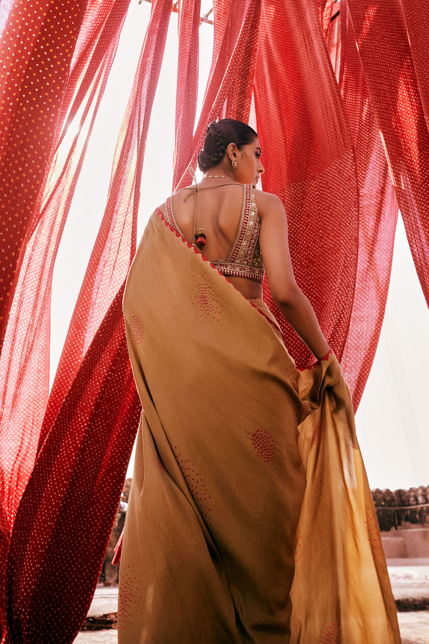 Maywa Handcrafted Bandhani Silk Pre-draped Saree - Olive, Olive, image 2