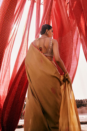Maywa Handcrafted Bandhani Silk Pre-draped Saree - Olive, Olive, image 2