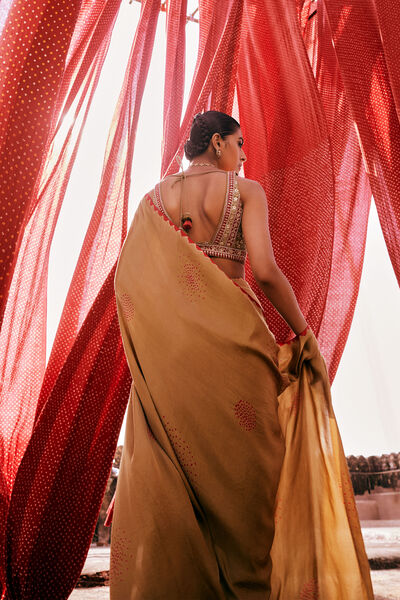 Maywa Handcrafted Bandhani Silk Pre-draped Saree - Olive