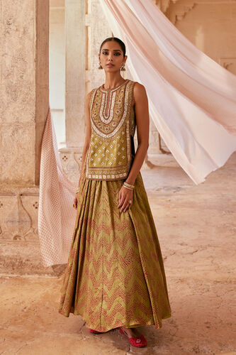 Rann Handcrafted Bandhani Silk Skirt Set - Olive, Olive, image 1