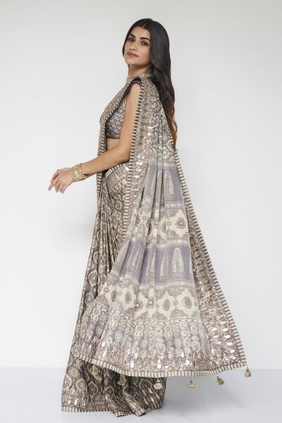 Shravani Ajrakh Hand-block Printed Silk Saree - Grey