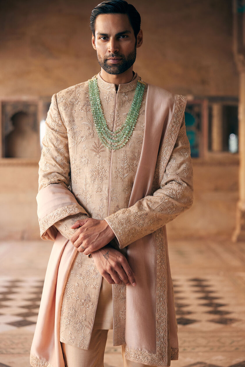 Zimraan Hand-embroidered Silk Sherwani - Beige, Beige, image 3