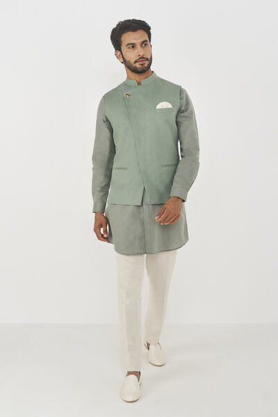 Divit Linen Nehru Jacket - Sage