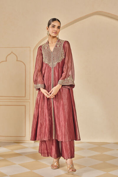 Azha Embroidered Zardozi Silk Jacket Set - Red