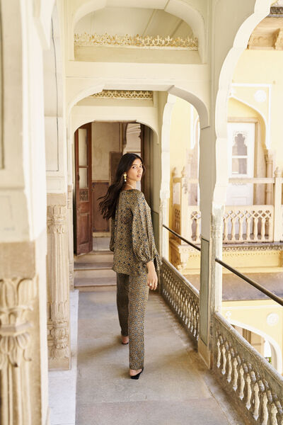 Immerse Ajrakh Hand-block Printed Coord - Brown