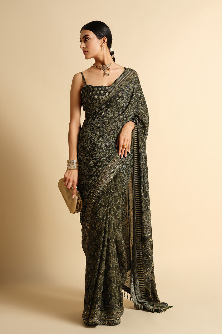 Apramiti Sequin Saree - Green, Green, image 4