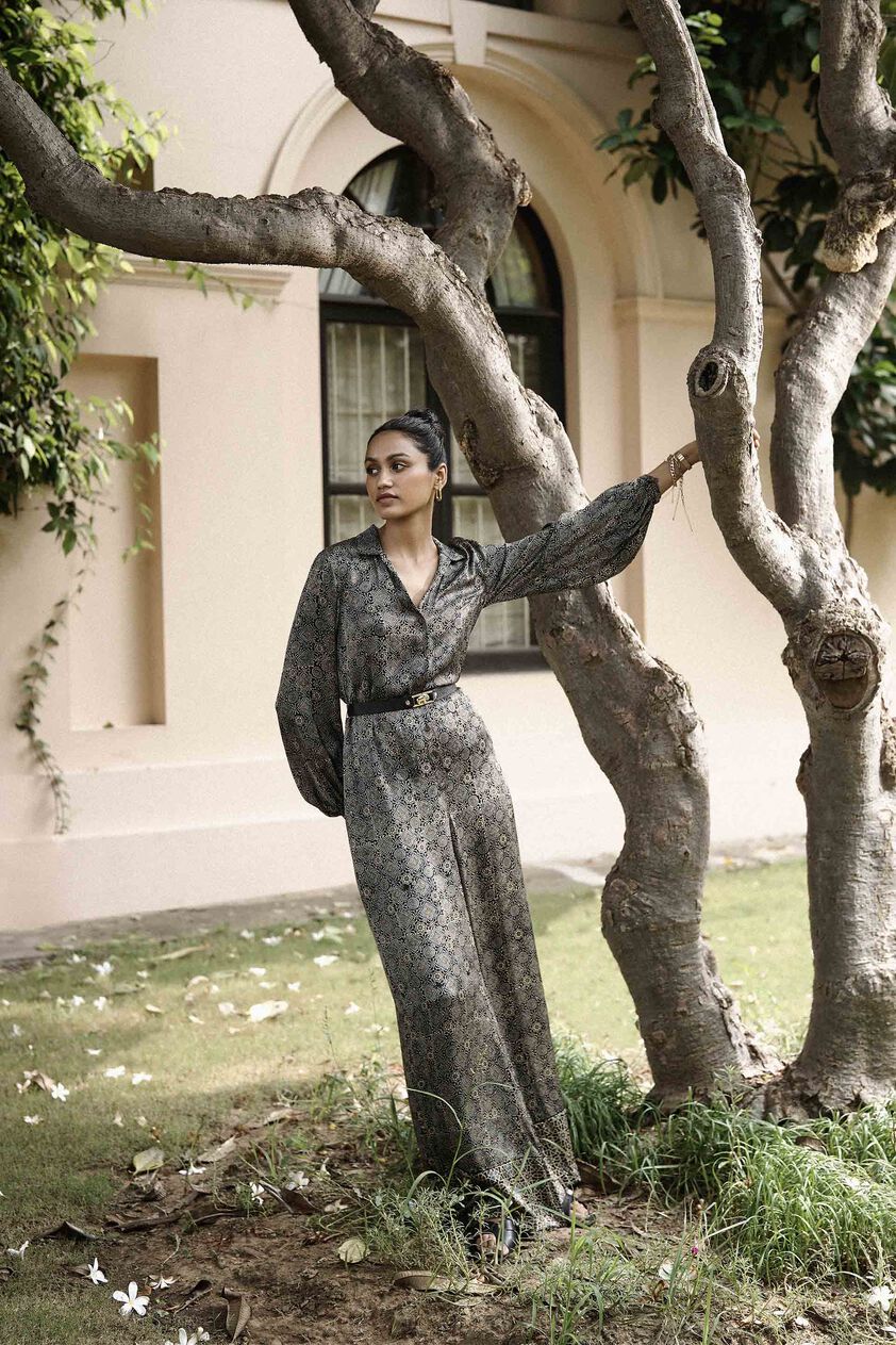 Sweep Ajrakh Hand-block Printed Jumpsuit - Black, Black, image 1