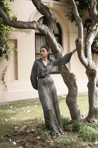Sweep Ajrakh Hand-block Printed Jumpsuit - Black, Black, image 1
