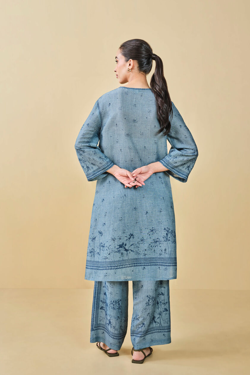 Pond Printed Linen Kurta Set  - Blue, Blue, image 6