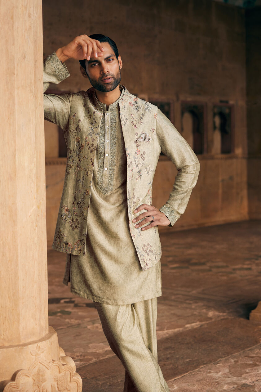 Hemil Printed Silk Nehru Jacket - Sage, Sage, image 2