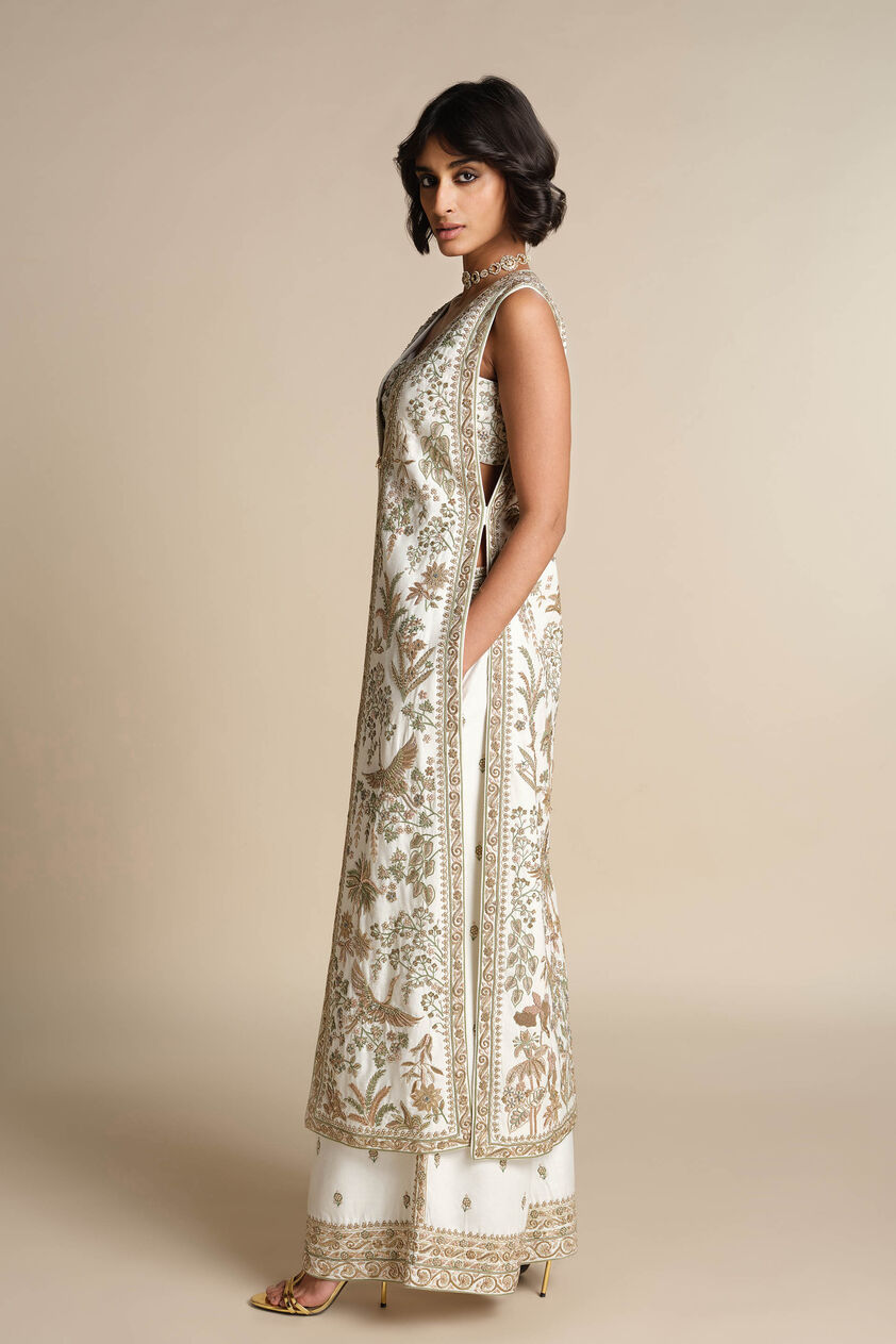 Aralai Embroidered Zardozi Silk Jacket Set - White, Cream, image 3
