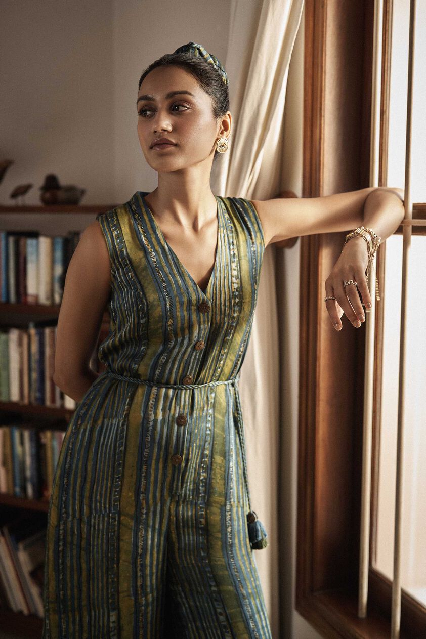 Ease Hand-block Printed Tassel Jumpsuit - Green, Green, image 3