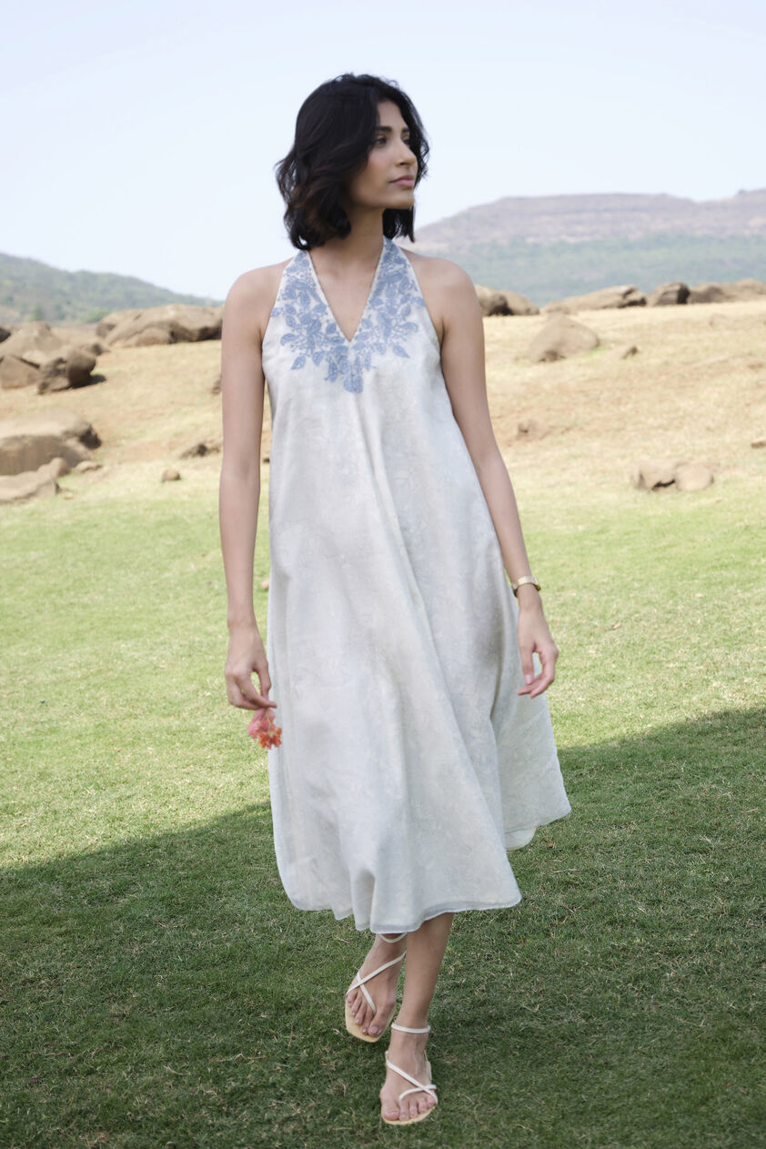 Aves Hand-block Printed Mul Dress - Blue, White, image 3