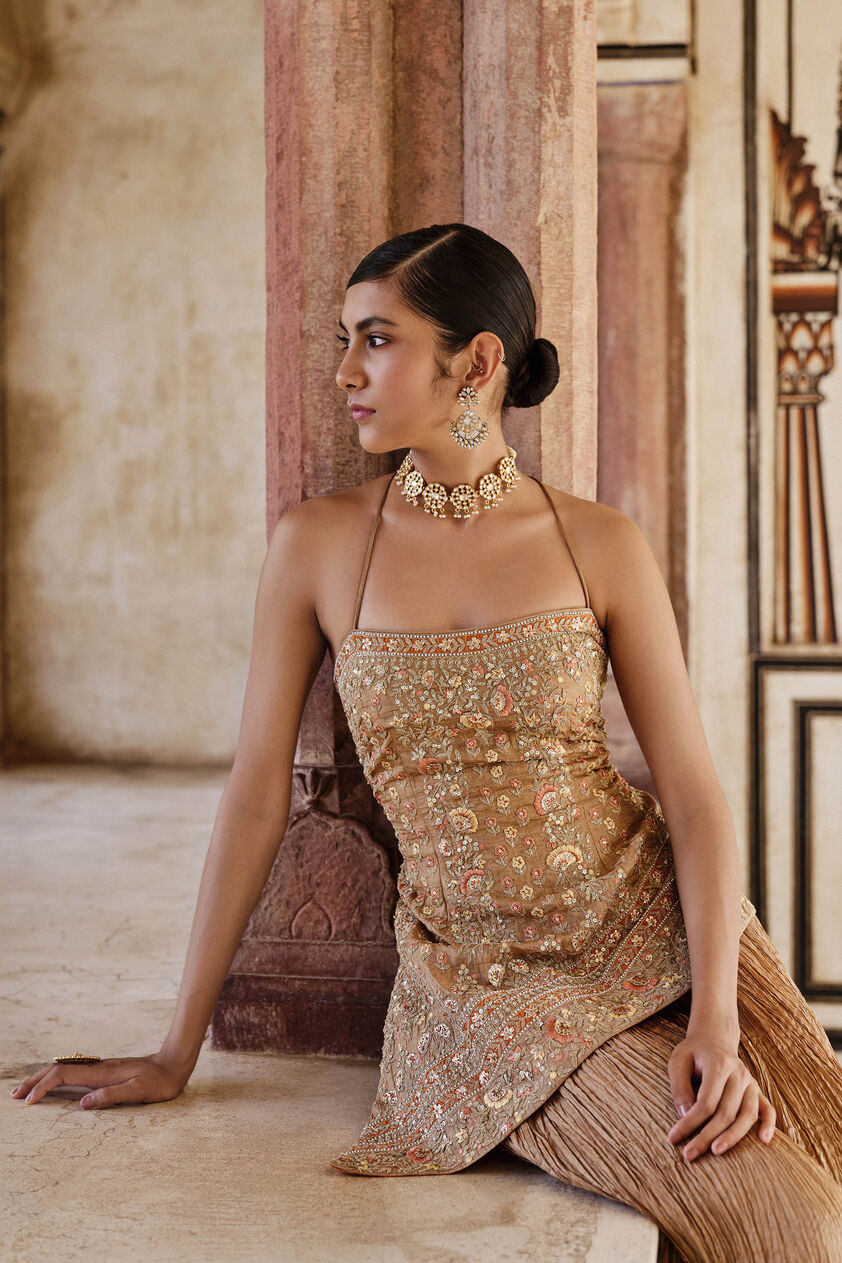 Naushaba Embroidered Sharara Set - Gold, Gold, image 4
