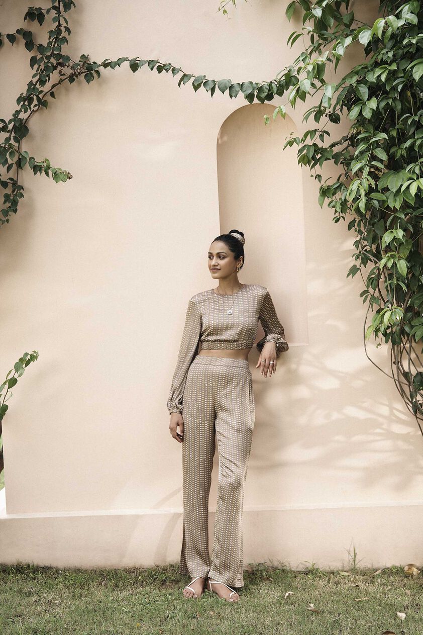 Repose Hand-block Printed Crop Coord - Brown, Brown, image 1